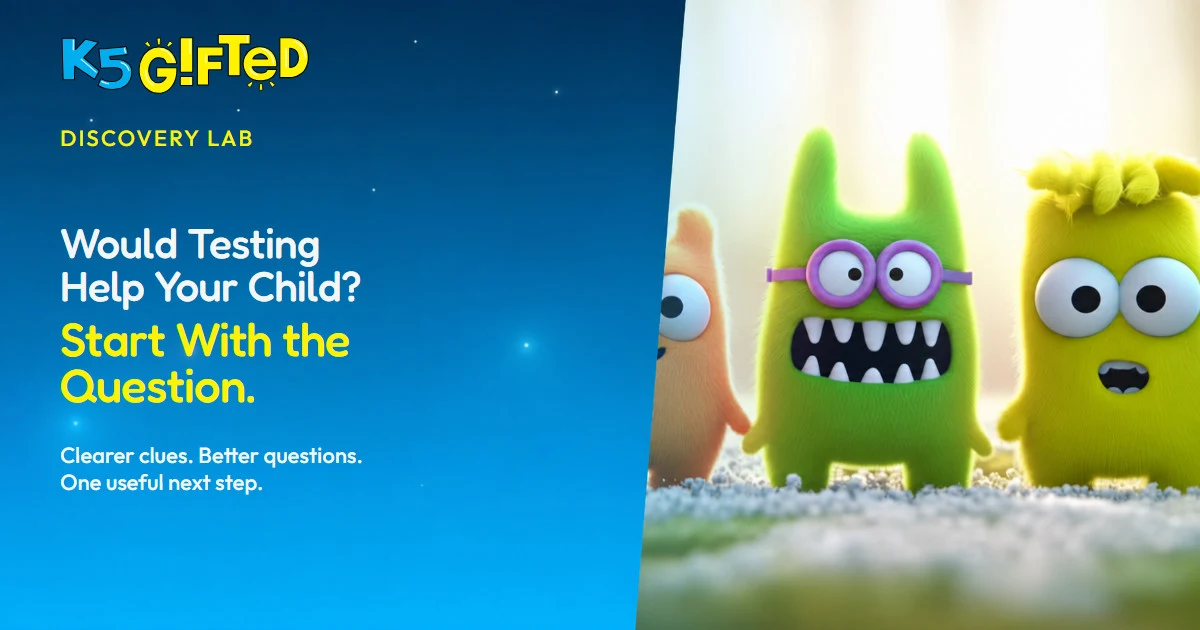Three colorful fuzzy creatures beside the title Would Testing Help Your Child?
