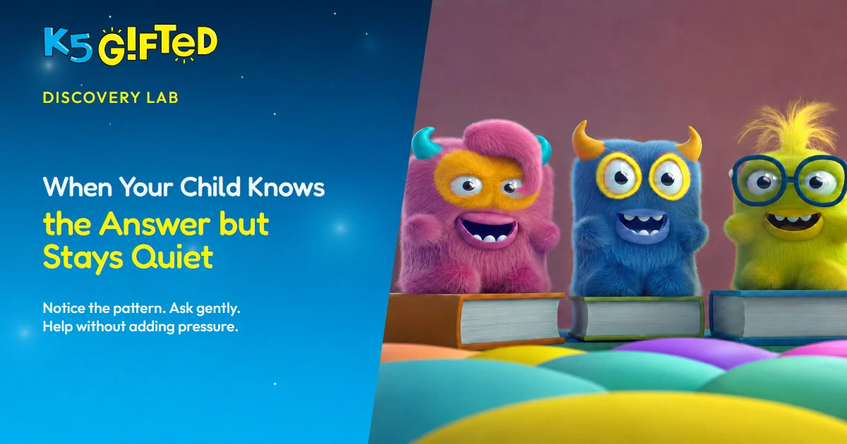 Three colorful K5 characters beside the title When Your Child Knows the Answer but Stays Quiet