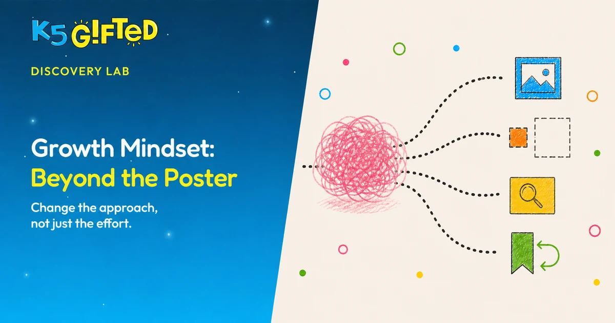 A K5 Gifted Discovery Lab card for Growth Mindset: Beyond the Poster, with a tangled path opening into four strategy choices.