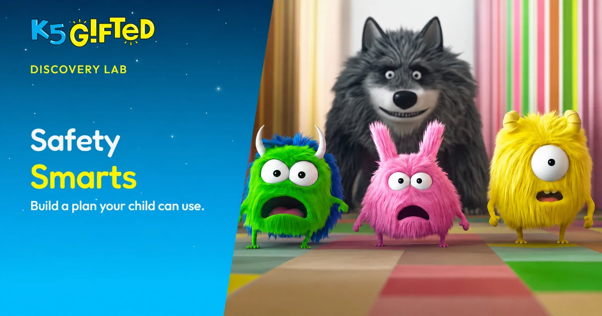 K5 Gifted Discovery Lab card for Safety Smarts beside three colorful creatures with a wolf behind them in a colorful room.