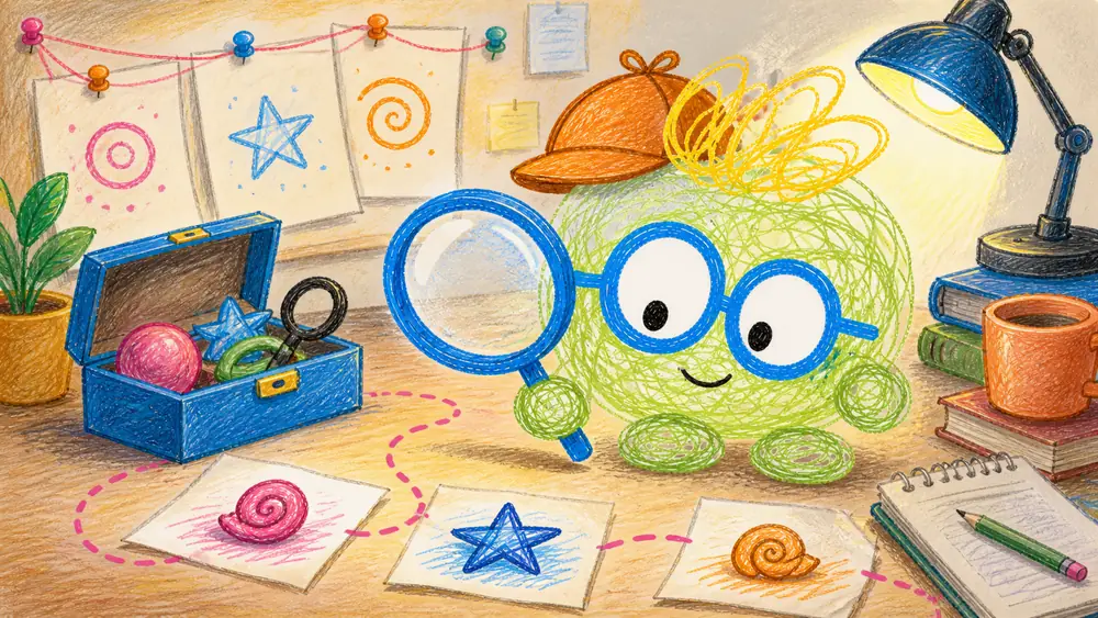 Scout examines a trail of picture clues with a magnifying glass at a detective desk.