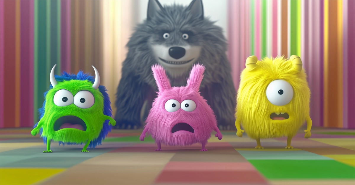 Three colorful creatures stand in the foreground while a wolf remains behind them in a colorful room.