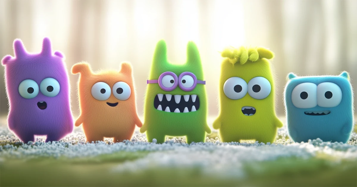 Five bright fuzzy creatures standing side by side, each with different shapes, expressions, and features